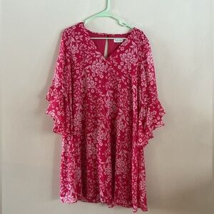 Red Floral Dress with Ruffled Sleeves